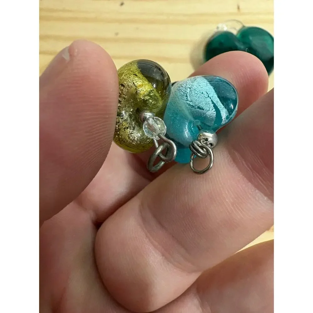 Glass Heart Pendant Charms Blue Green Yellow Set of 3 Vintage
